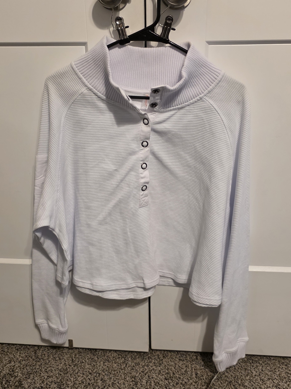 Free People White Ribbed Button-Down Pullover